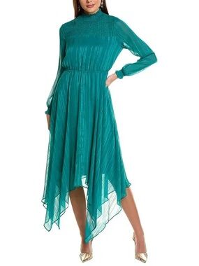 Nanette Nanette Lepore Teal Pleated Chiffon Dress Asymmetrical Hem Sheer Sleeve
